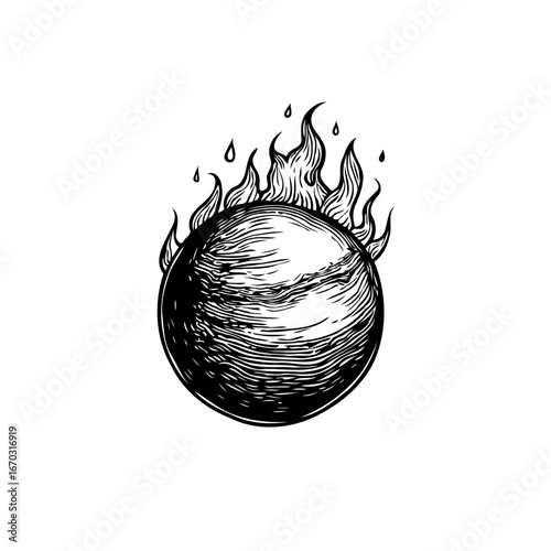 Flaming celestial orb artistic rendering a captivating monochrome illustration with dynamic energy