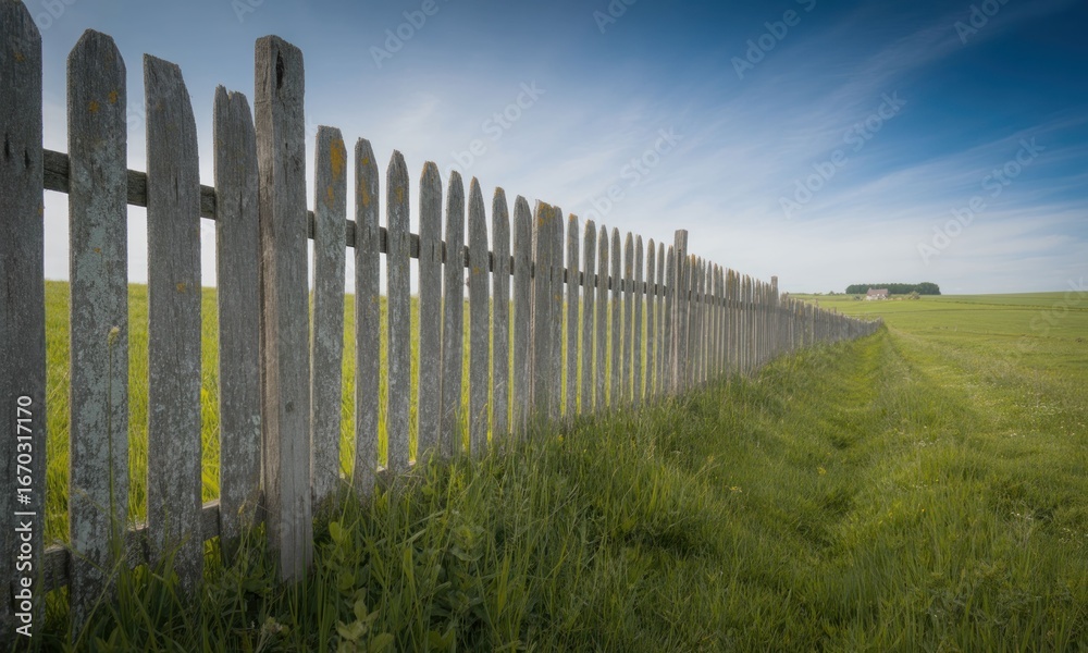Obraz premium Wooden picket fence running through a grassy field under a partly cloudy sky