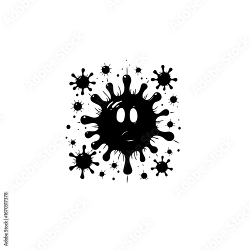 Humorous depiction of microscopic pathogens showing a stylized cartoon face with surprised eyes