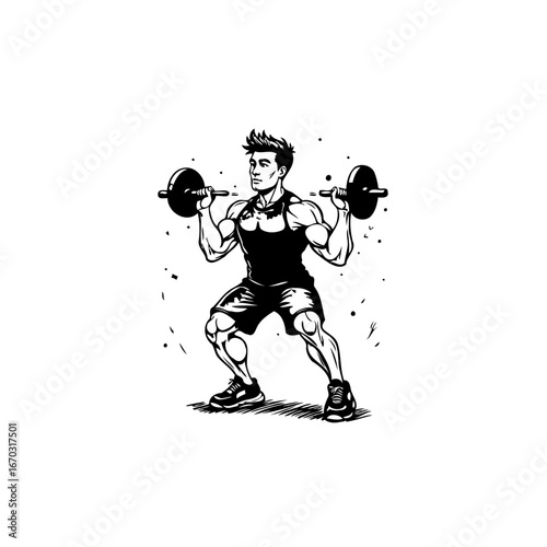 Illustrative physique athlete demonstrates powerlifting barbell squat exercise enhancing overall
