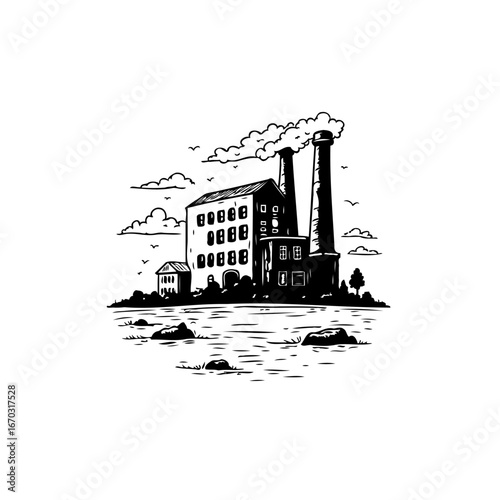 Industrial age drawing showcasing a factory belching smoke into the sky with water surrounding it