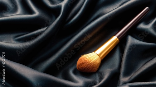 This striking image features a black silk background with a beautiful makeup brush, combining elegance and beauty in a perfect composition for beauty or cosmetic themes.