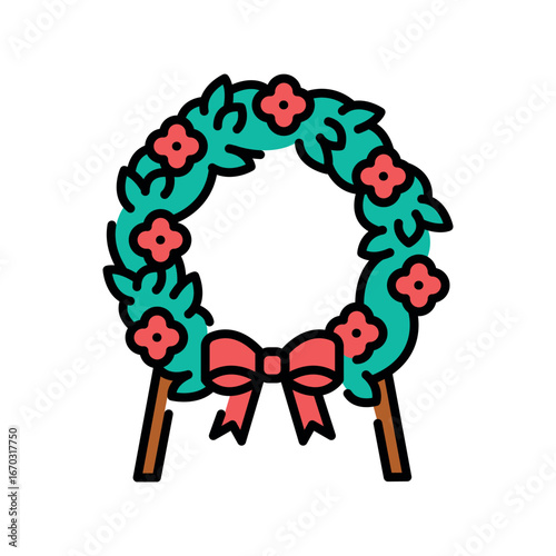 green wreath with red flowers and bow clip art preview
