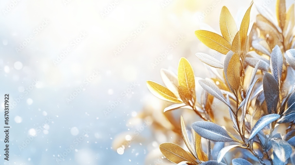 Obraz premium Golden Leaves Delight. Winter Bloom with Sparkles and Light Background. Copy space