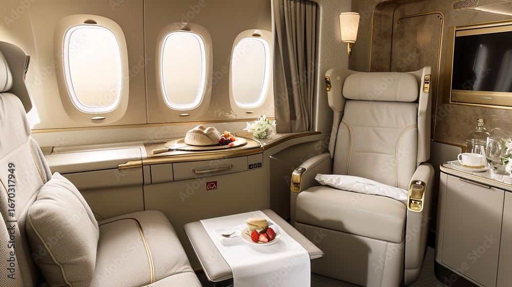 Fototapeta premium Luxurious First Class Travel Experience Backgrounds: Elegant Designs Showcasing Spacious Seats, Premium Amenity Kits, Fine Dining Platters, and Soft Ambient Lighting, Blended with Neutral Tones and So