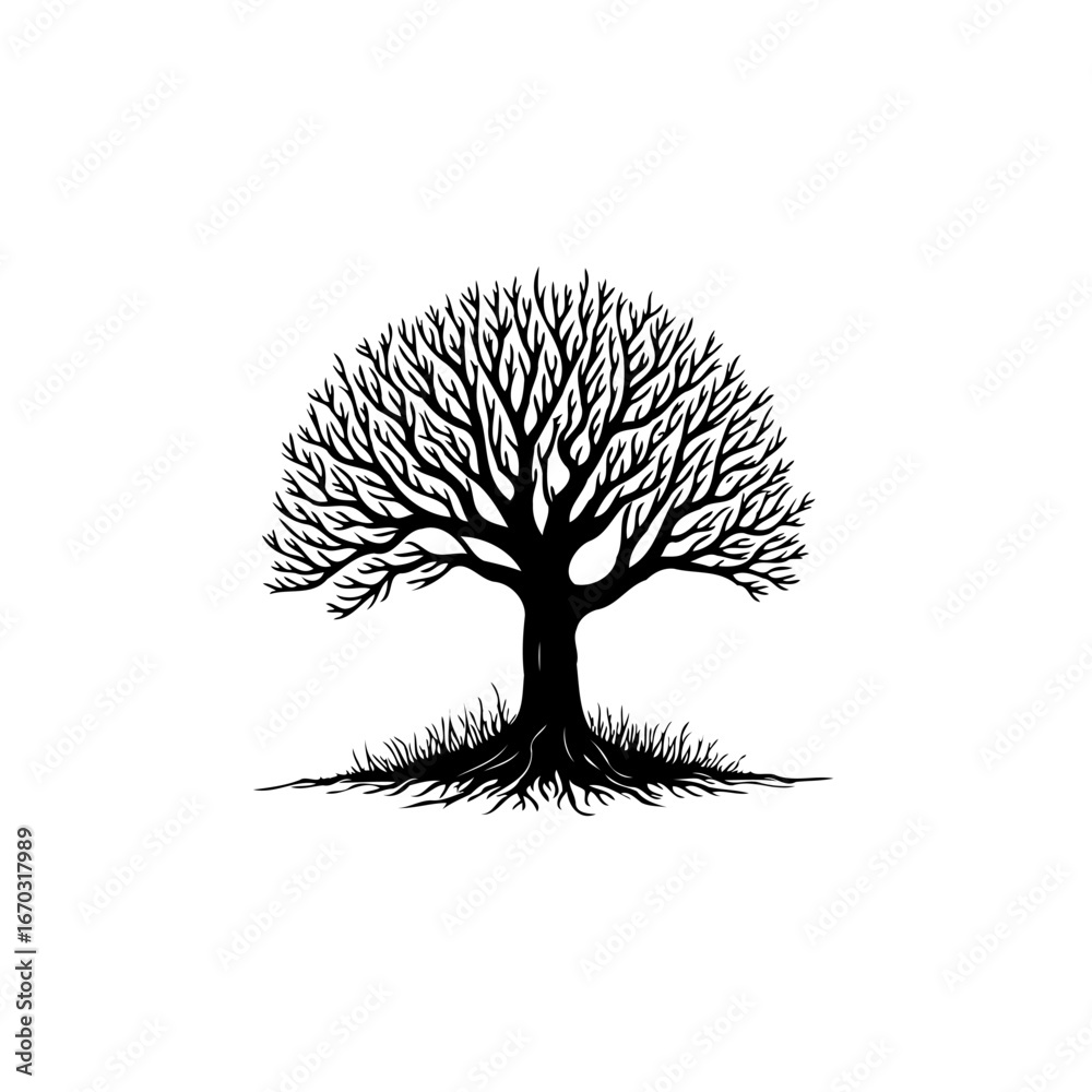 Naklejka premium Isolated silhouette of a majestic tree with bare branches a stark symbolic representation of