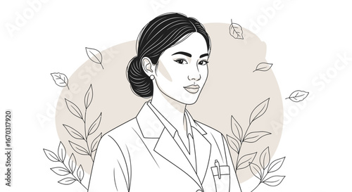 Elegant Line Art Female Doctor Portrait with Botanical Decoration Illustration