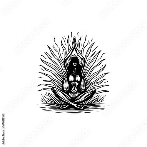 Meditative Figure in Stylized Pose with Radiant Energy a Spiritual and Artistic Expression