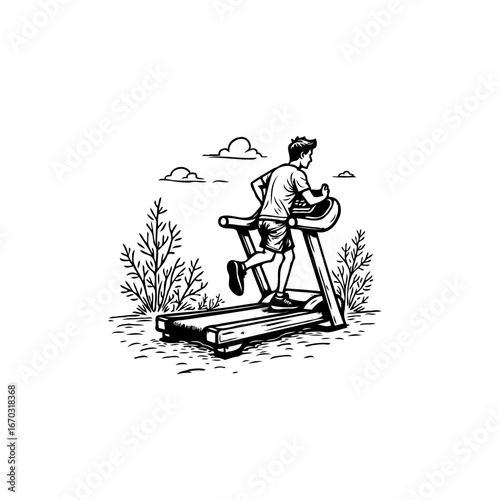 Monochrome depiction of a person utilizing a treadmill amidst a landscape backdrop promoting