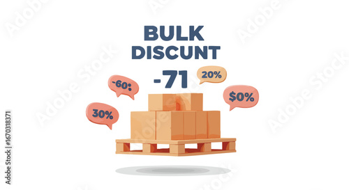 Bulk discount promotion with stacked boxes and percentage off offers.