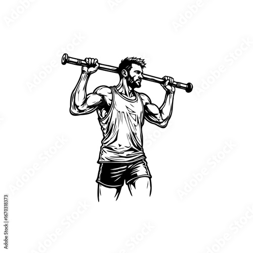 Monochrome depiction of a muscular man doing barbell exercises capturing intense concentration and