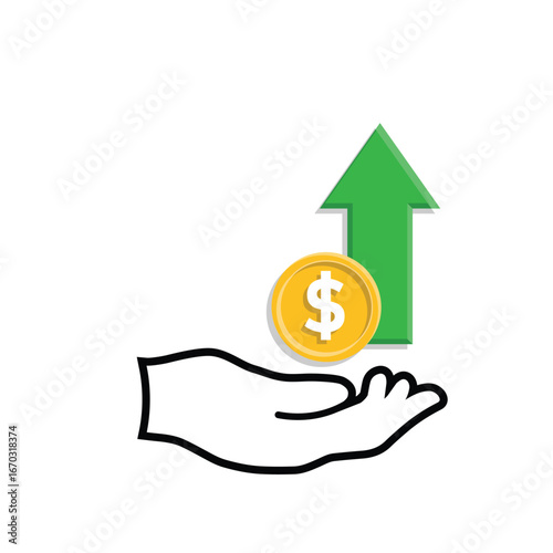 Money icon. Currency increase. Hand with dollar coin and up arrow. paying, economy, money. Mixed design style.