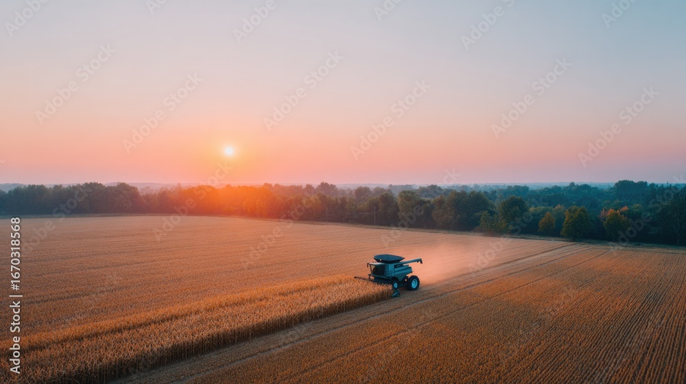 Fototapeta premium Golden fields stretch under vibrant sunset as machinery harvests