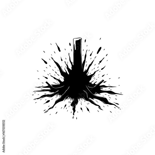 Monochrome ink splash illustration creating a dark ominous energy resembling an abstract explosion