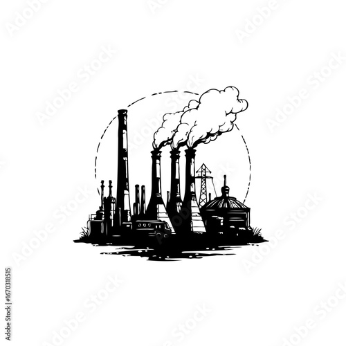Monochrome industrial landscape with towering smokestacks emitting clouds against a stylized