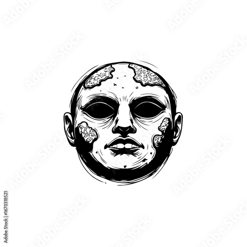 Monochrome ink drawing of a haunting decaying face with empty eyes portraying unsettling emotions