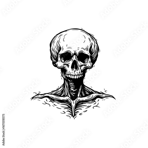 Monochrome skeletal representation revealing anatomical torso details in a stylized artistic death