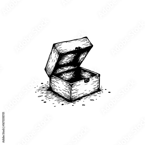 Open vintage wooden box sketch offering glimpse of treasures or secrets inside creating intrigue
