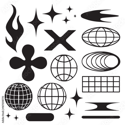 Futuristic Y2K vector shape set with abstract icons, globes, sparkle stars, grids, and tech-inspired elements vector
