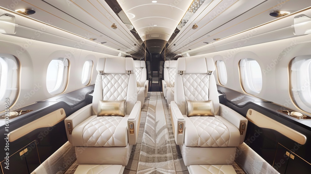 Fototapeta premium Luxurious First Class Travel Experience Backgrounds: Elegant Designs Showcasing Spacious Seats, Premium Amenity Kits, Fine Dining Platters, and Soft Ambient Lighting, Blended with Neutral Tones and So