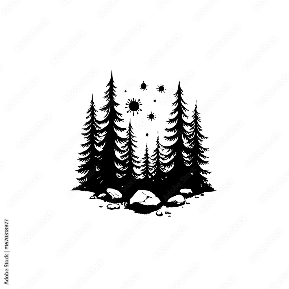 Fototapeta premium Silhouette forest scene with abstract glowing light elements creating magical atmosphere within