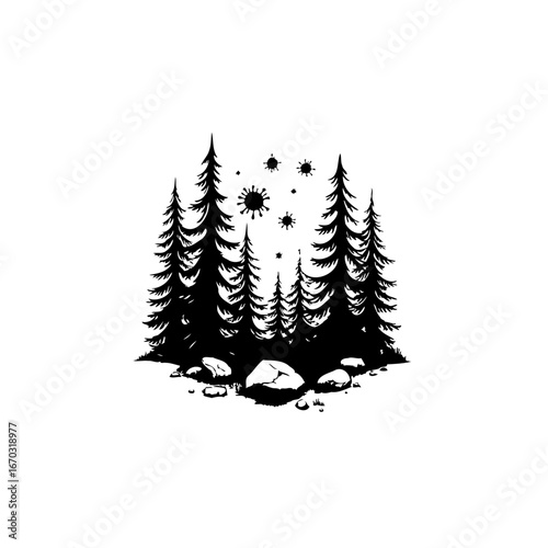 Silhouette forest scene with abstract glowing light elements creating magical atmosphere within