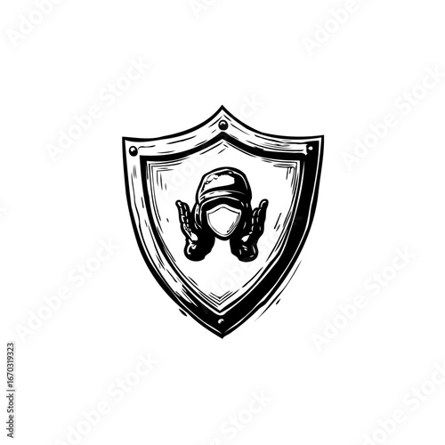 Stylized artistic shield emblem featuring a figure with mask highlighting defense and security