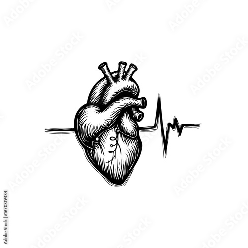 Stylized anatomical heart illustration with prominent electrocardiogram line conveying vital