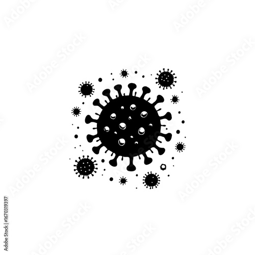 stylized depiction of a dangerous pathogen and related infectious microorganisms in a monochrome