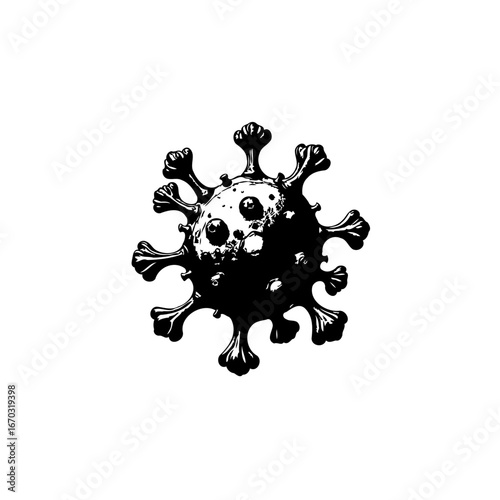 Stylized depiction of a virus cell in black and white monochrome representing contagious diseases