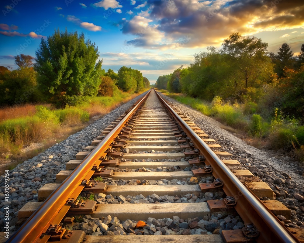 Fototapeta premium Train tracks stretching into the distance at sunset