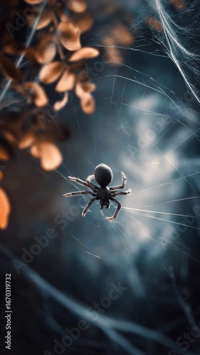 Close-up of a spider spinning its web in a dark, atmospheric environment,halloween flatlay.