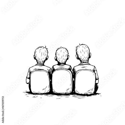 Three children sitting together from behind watching something with simple lines illustration