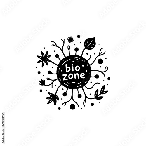 Unique organic bio zone circular emblem design featuring stylized leaves and sprouting elements