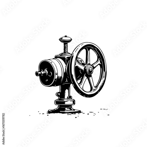 Vintage mechanical apparatus illustration showcasing intricate wheel detail and engineered