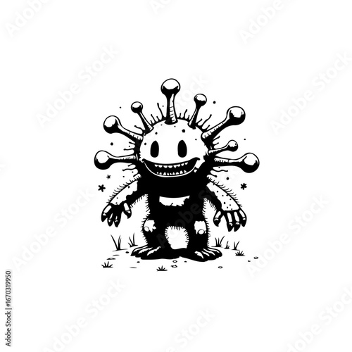 Whimsical depiction of a cheerful virus creature standing on grass offering a playful depiction