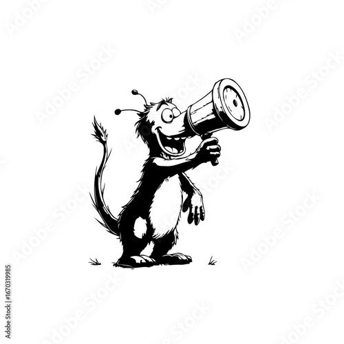 Whimsical furry creature enthusiastically broadcasting with a megaphone illustration on pristine