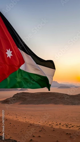 Flag of Jordan Flying over Wadi Rum Desert at Sunset