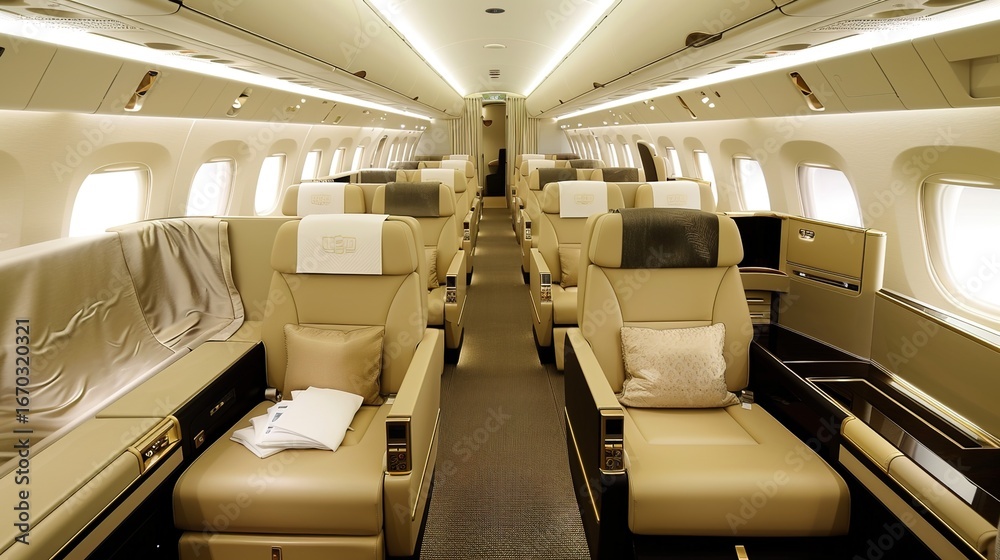 Obraz premium Luxurious First Class Travel Experience Backgrounds: Elegant Designs Showcasing Spacious Seats, Premium Amenity Kits, Fine Dining Platters, and Soft Ambient Lighting, Blended with Neutral Tones and So
