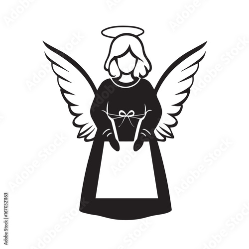 Vector art of black silhouette of an angel with wings and halo on a