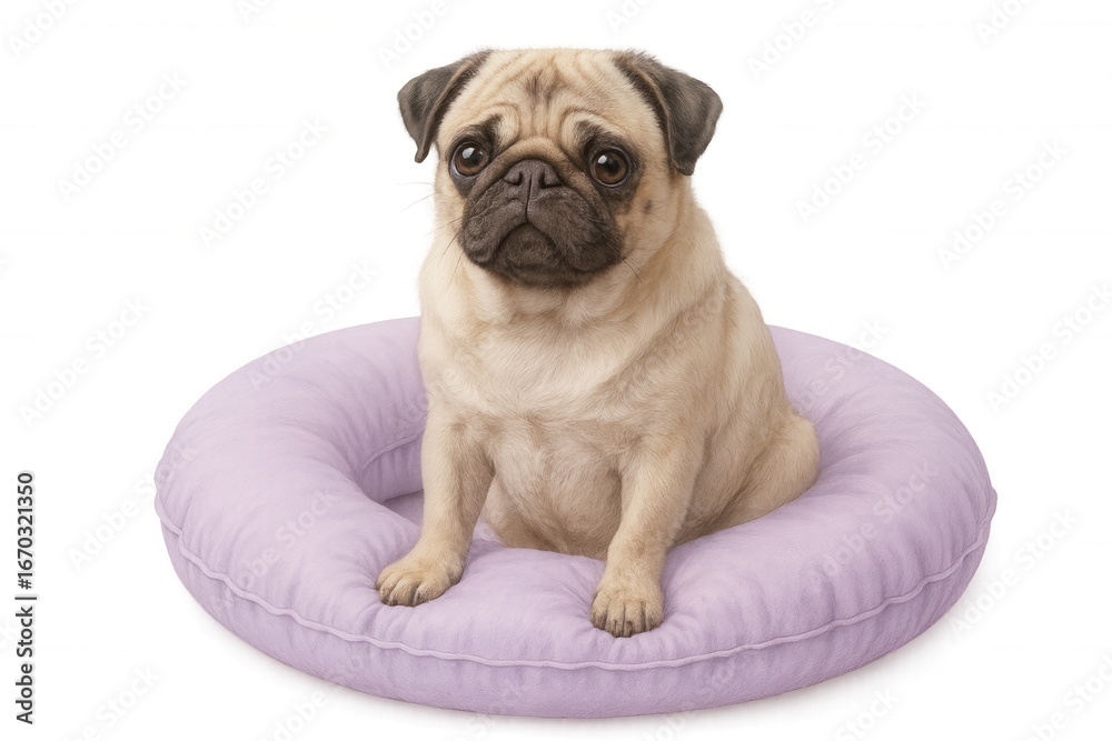 Obraz premium Cute pug puppy resting on lavender cushion, white background, highlighting canine charm for design projects