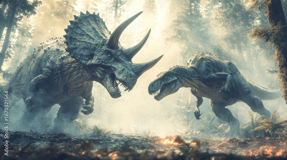 Fototapeta premium Epic dinosaur battle scene with a Triceratops and Tyrannosaurus fighting in a misty jungle.