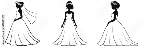 Floral crown bride silhouette vector set – three elegant wedding gown poses with daisy wreath and flowing veil, black & white isolated clip art for invitations, logos, decor, fashion design