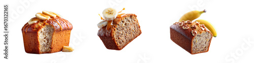 Delicious homemade banana bread with slices topped with fresh banana, nuts, and caramel glaze, perfect for breakfast or dessert showcasing textures and flavors