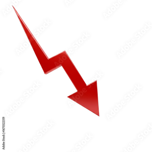 Sharp red downward arrow symbolizing financial decline and negative economic trends transparent background
