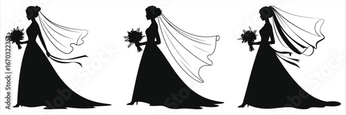 ( Bride walking down aisle)Elegant bride silhouette vector set – three wedding gown poses holding bouquet with flowing long veil, black & white clip art collection for invitations