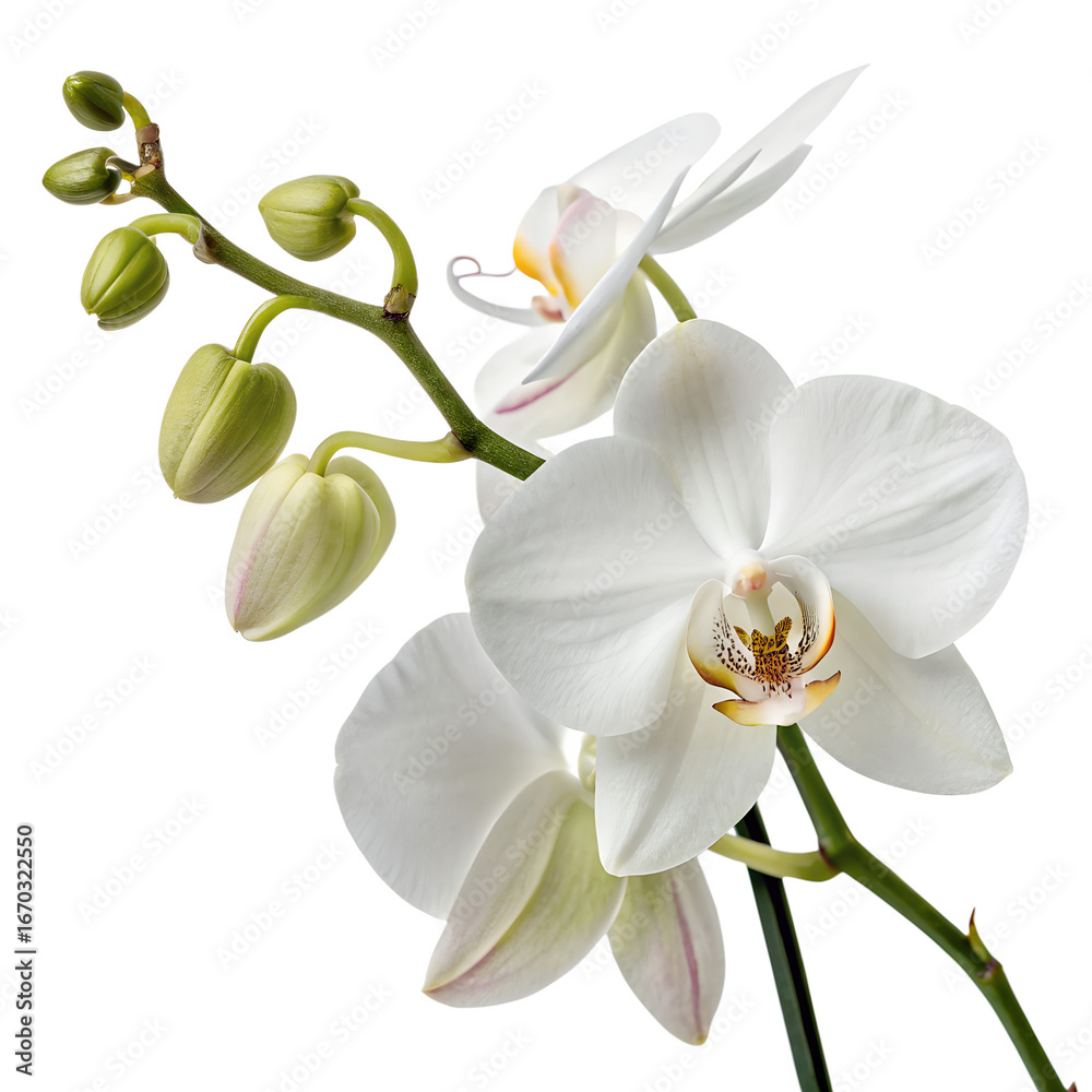 Obraz premium Elegant white orchid blossom isolated on transparent background, a symbol of beauty, love, and tropical elegance