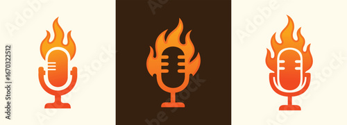 Flaming fire Microphone Logo Set Fire Podcast and Music Audio Icons

