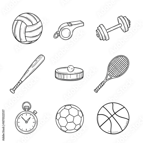 Sports equipment volleyball whistle dumbbell bat puck racket timer soccer ball basketball