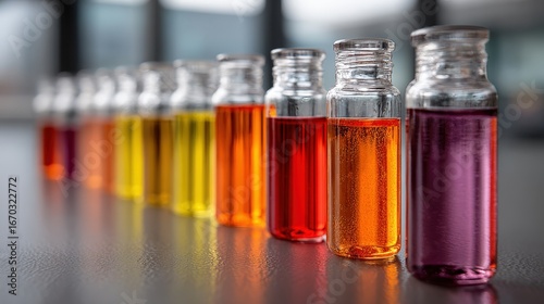 Small glass bottles containing colorful chemical liquid samples forming a gradient on a table in laboratory